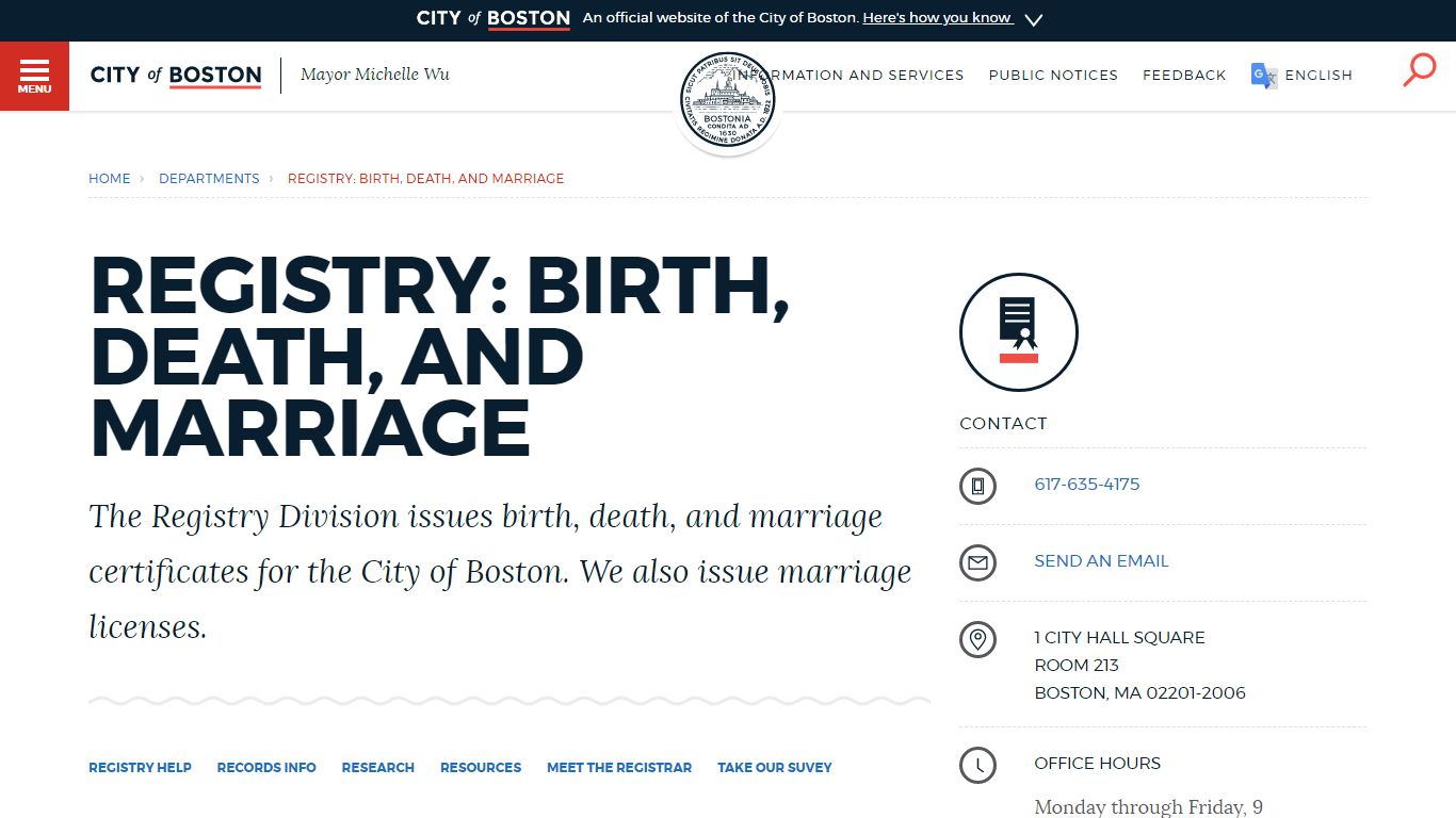 Registry: Birth, death, and marriage | Boston.gov